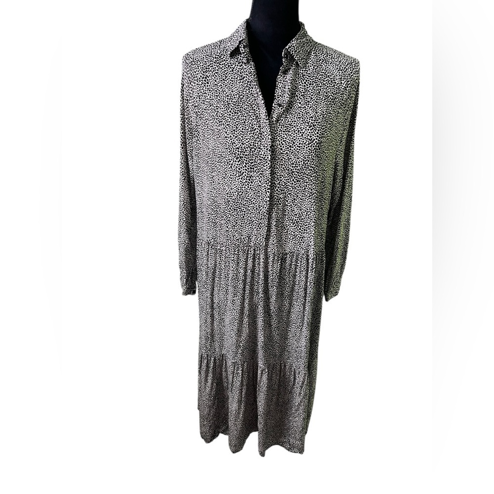 H&M Animal Print Long Sleeve Collared Midi Peasant Dress Womens Small‎